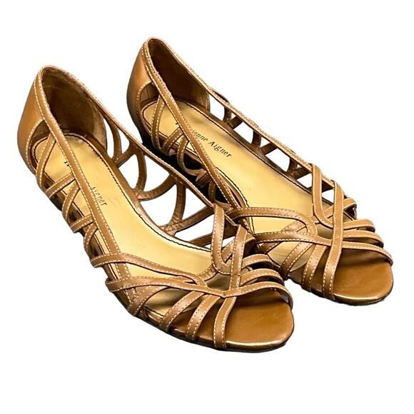 Etienne Aigner Berry Tan Leather Cut Out Open Toe Ballet Sandals Women 8 - Picture 1 of 8